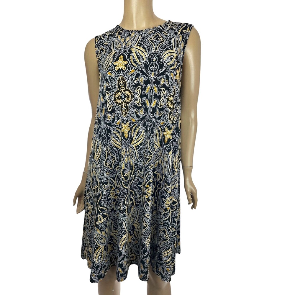 Tahari Size M Jersey Tent Dress Black w White & Gold Design Sleeveless Polyester